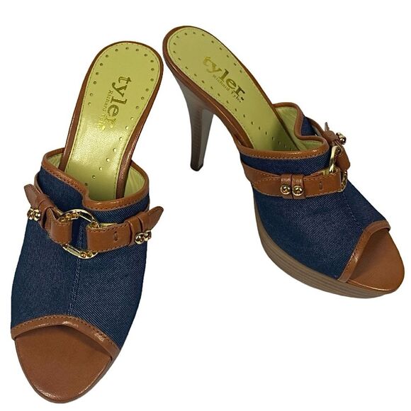 Platform Heels Size 9M | Blue Denim & Tan Slip-On | 5.5” Heel - Picture 4 of 11